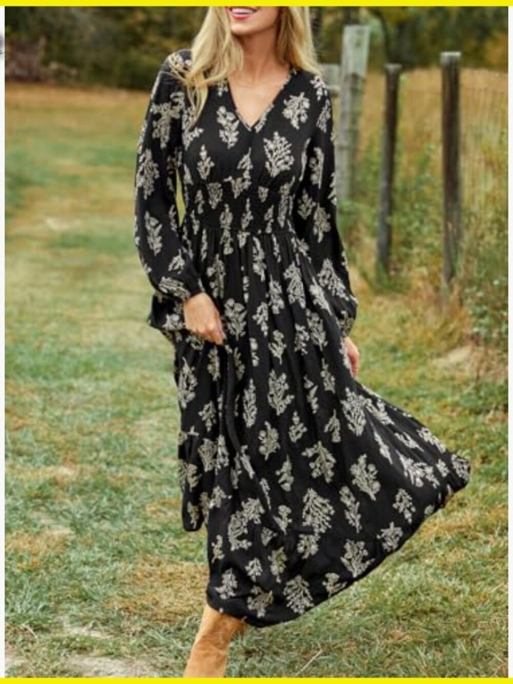 Floral Maxi Dress V Neck Long Puff Sleeve Smocked Waist Ruffle Boho Festival - Picture 4 of 6